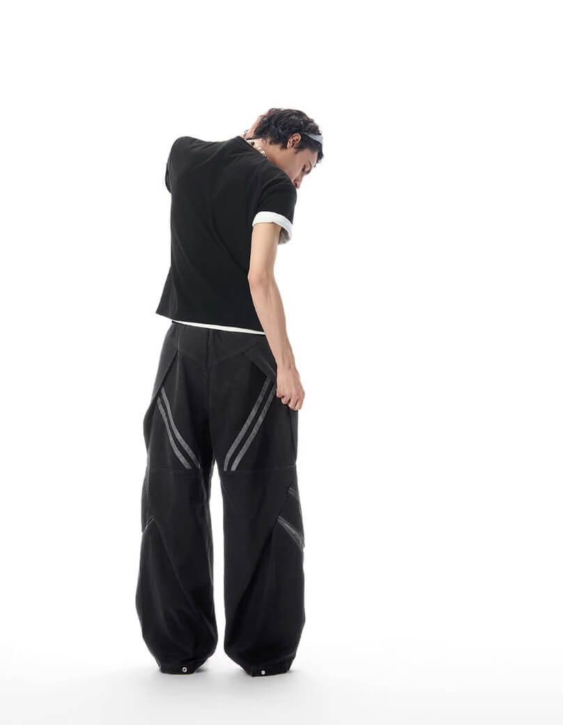 JHYQ Diagonal Zipper Detail Contrast Stripe Baggy Pants