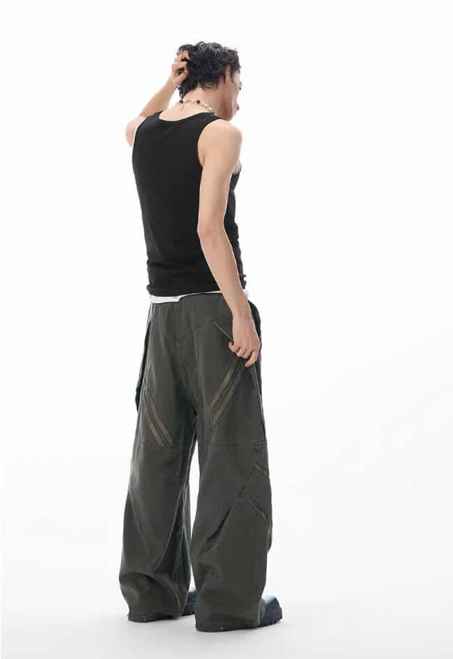 JHYQ Diagonal Zipper Detail Contrast Stripe Baggy Pants