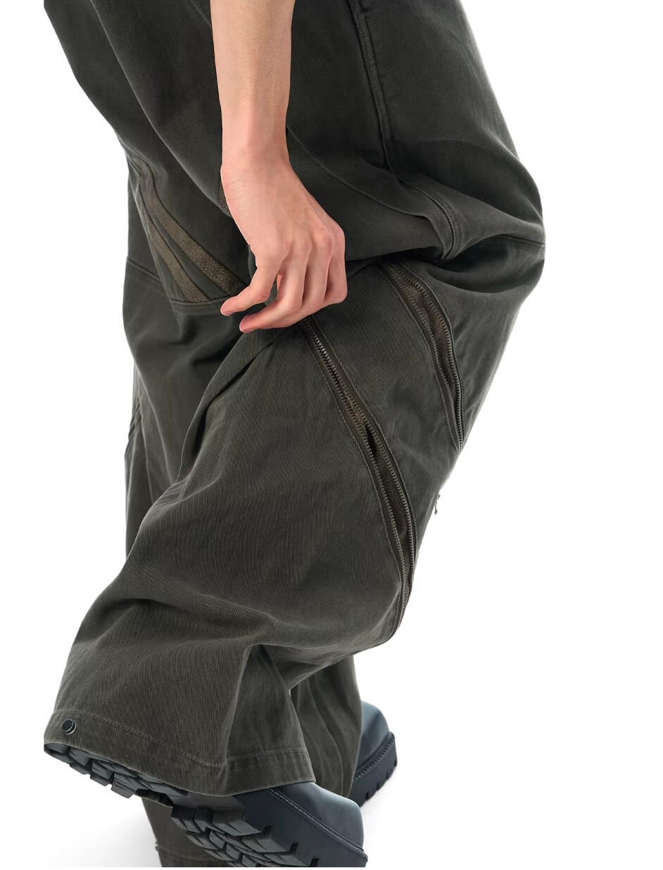 JHYQ Diagonal Zipper Detail Contrast Stripe Baggy Pants