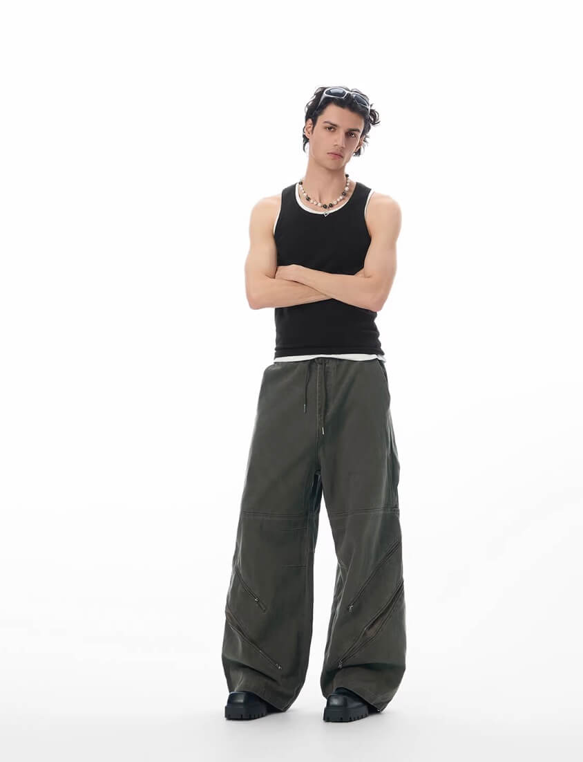 JHYQ Diagonal Zipper Detail Contrast Stripe Baggy Pants