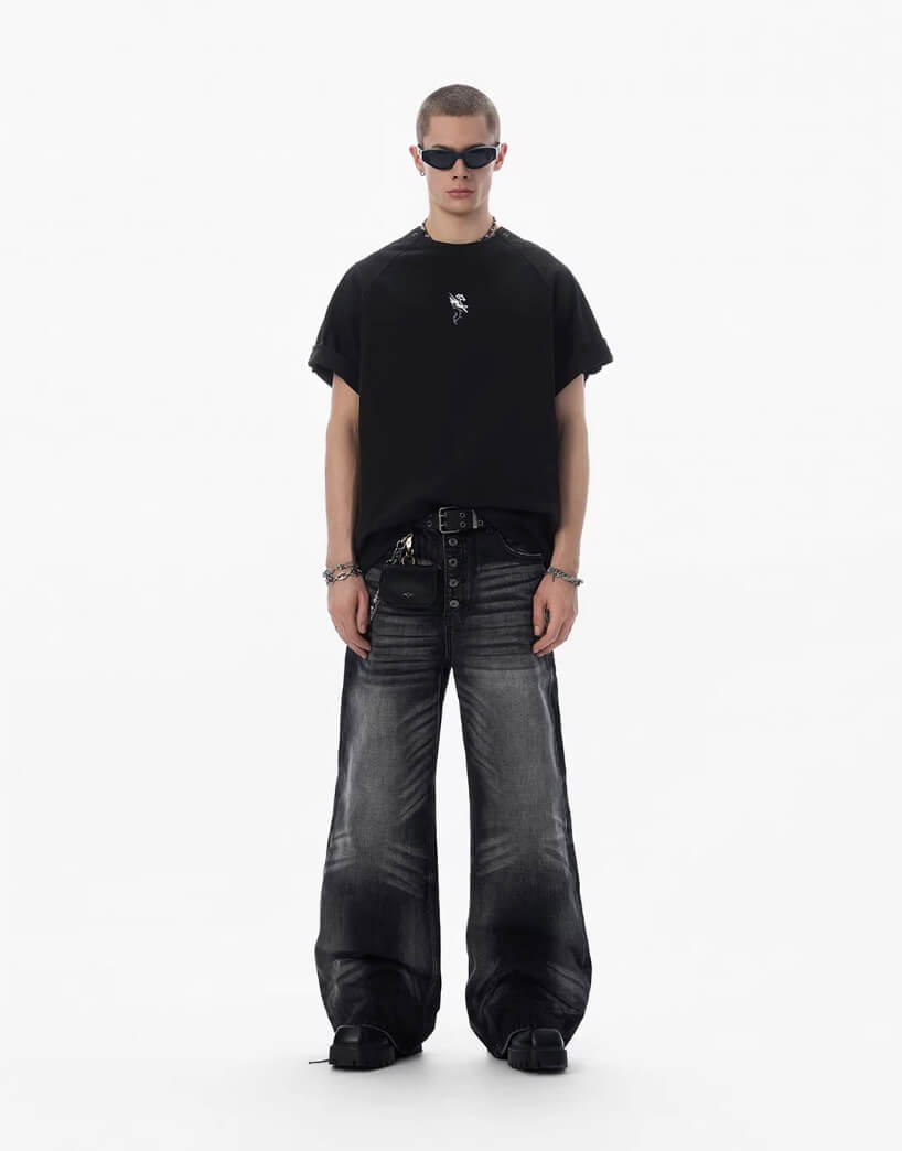JHYQ Black Multi Button Whiskered Washed Loose Fit Jeans