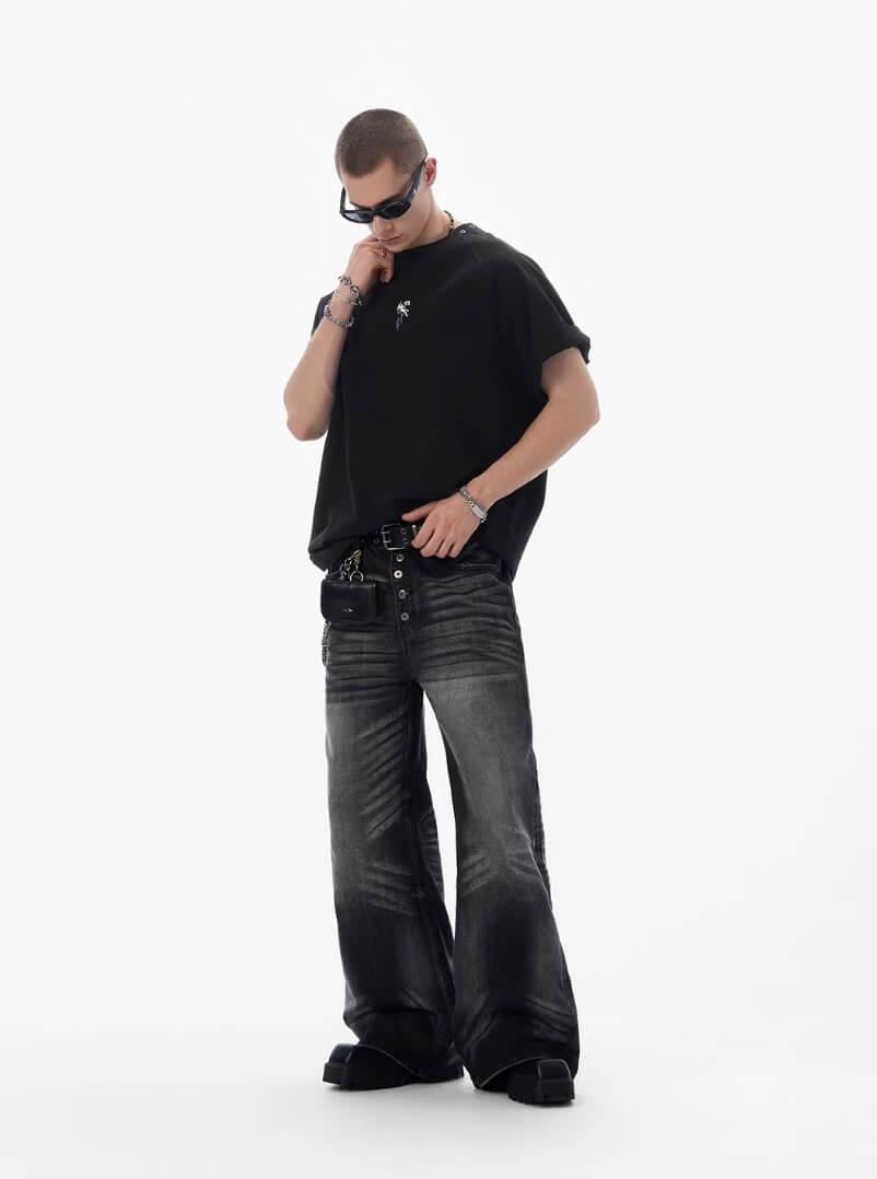 JHYQ Black Multi Button Whiskered Washed Loose Fit Jeans