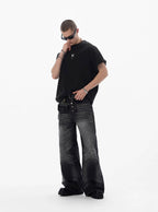JHYQ Black Multi Button Whiskered Washed Loose Fit Jeans