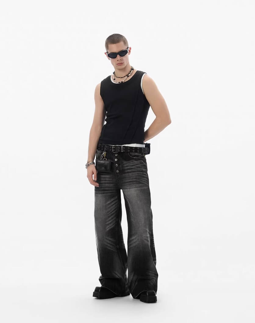JHYQ Black Multi Button Whiskered Washed Loose Fit Jeans