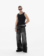 JHYQ Black Multi Button Whiskered Washed Loose Fit Jeans