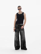 JHYQ Black Multi Button Whiskered Washed Loose Fit Jeans
