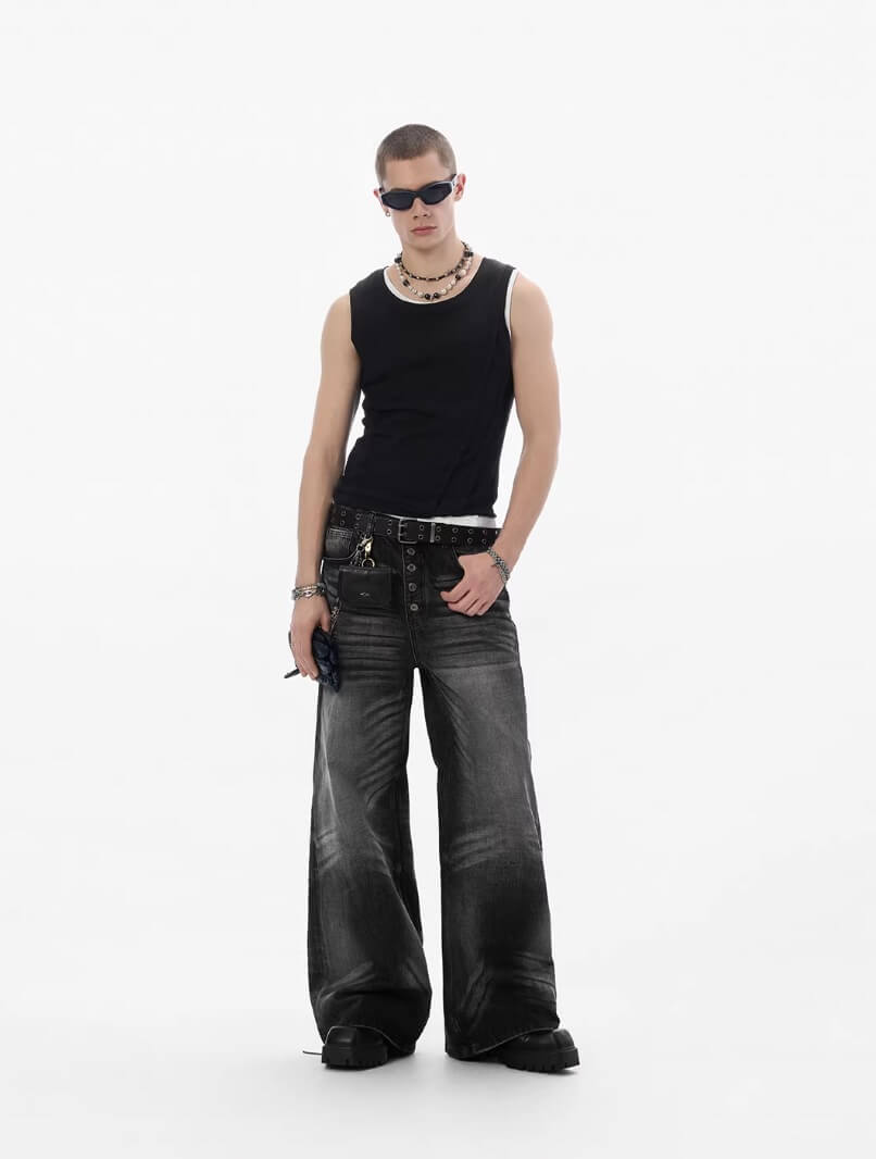 JHYQ Black Multi Button Whiskered Washed Loose Fit Jeans