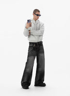 JHYQ Black Multi Button Whiskered Washed Loose Fit Jeans