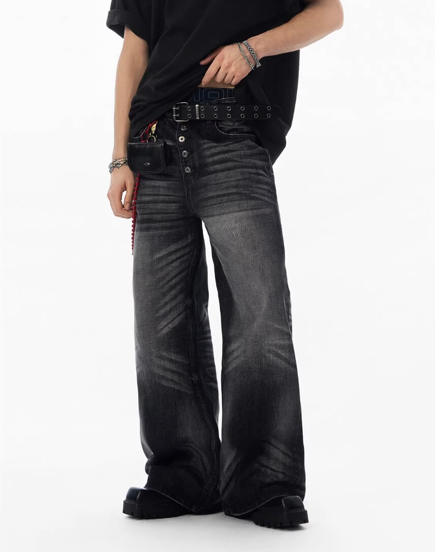 JHYQ Black Multi Button Whiskered Washed Loose Fit Jeans