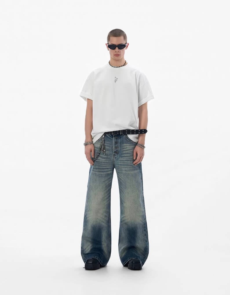 JHYQ Blue Multi Button Whiskered Washed Loose Fit Jeans