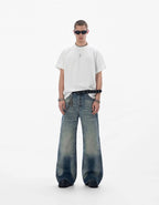 JHYQ Blue Multi Button Whiskered Washed Loose Fit Jeans