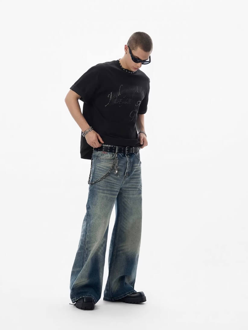 JHYQ Blue Multi Button Whiskered Washed Loose Fit Jeans