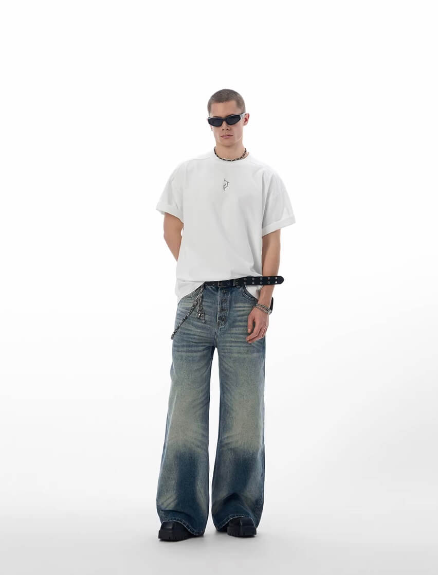 JHYQ Blue Multi Button Whiskered Washed Loose Fit Jeans