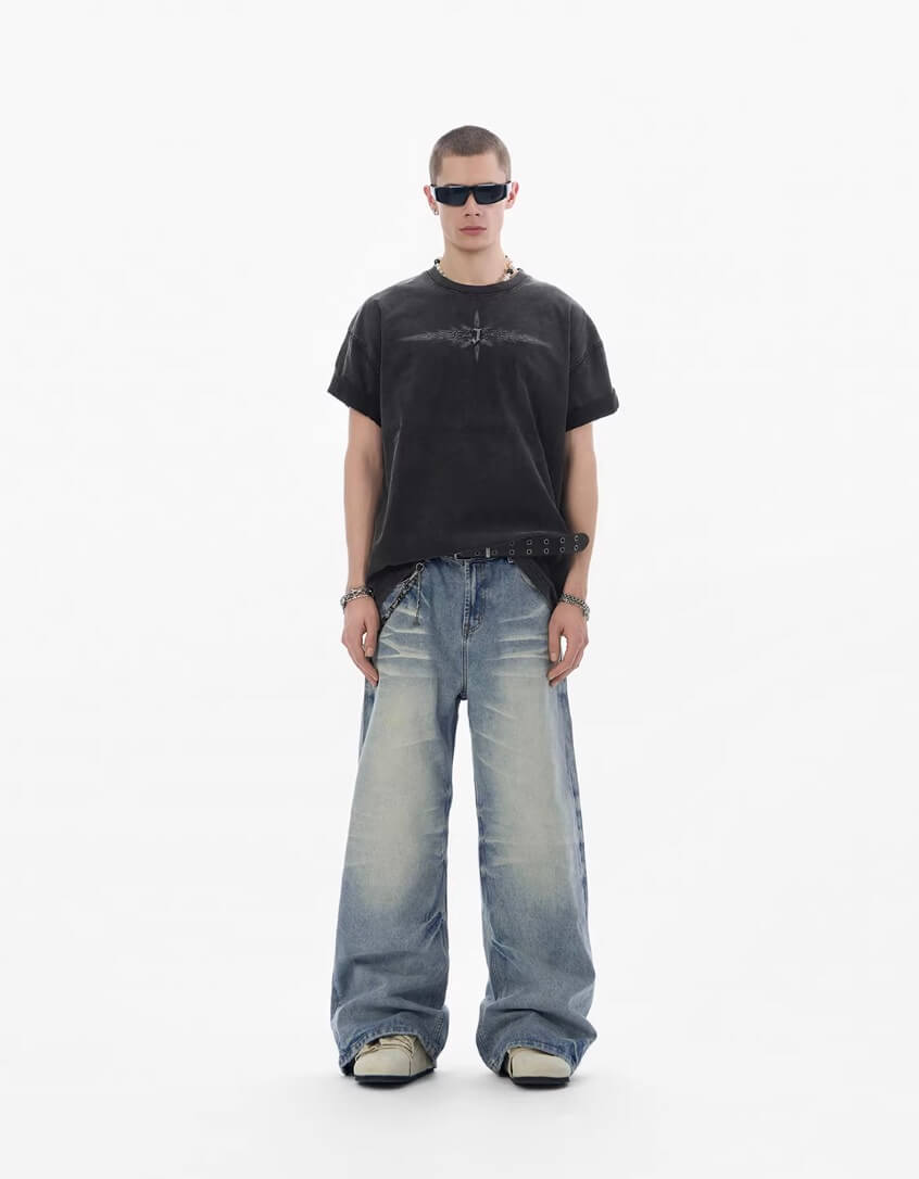 JHYQ Light Blue Whiskered Washed Loose Fit Jeans