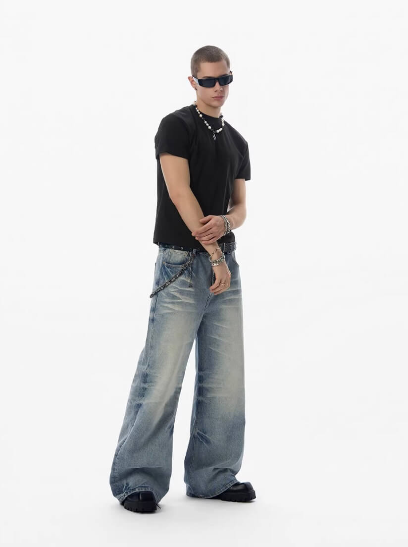 JHYQ Light Blue Whiskered Washed Loose Fit Jeans