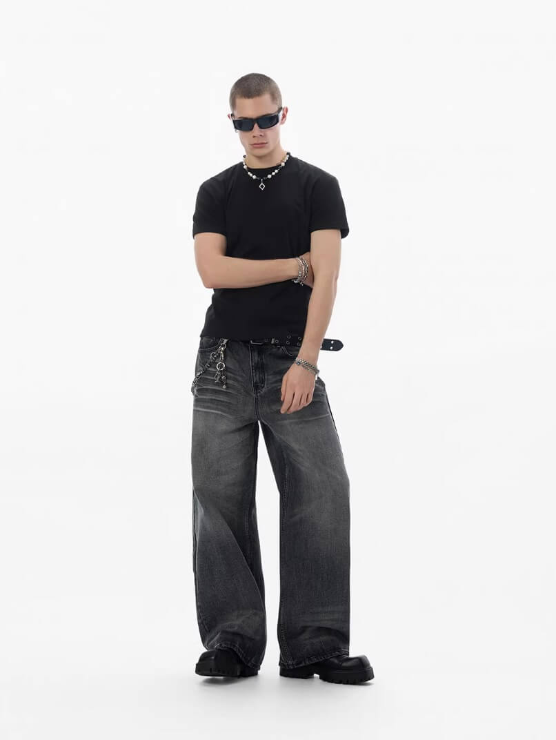 JHYQ Black Vintage Wash Wide Leg Jeans