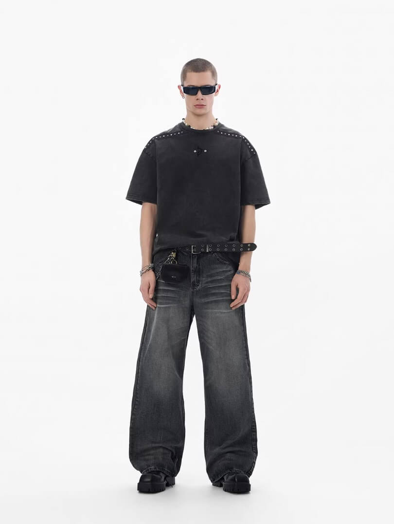 JHYQ Black Vintage Wash Wide Leg Jeans