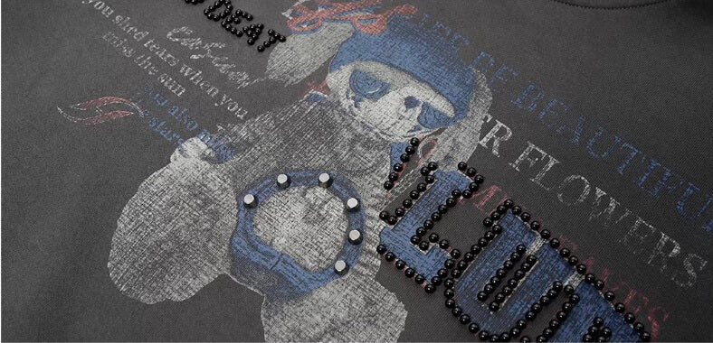 JHYQ Vintage Bear Print Bead Studded Hoodie