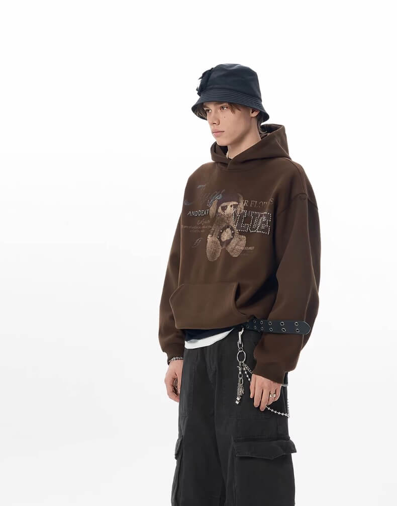 JHYQ Vintage Bear Print Bead Studded Hoodie