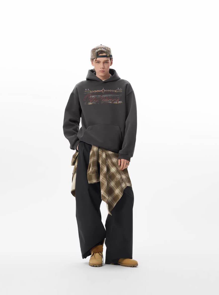 JHYQ Vintage Thorn Lettering Print Hoodie