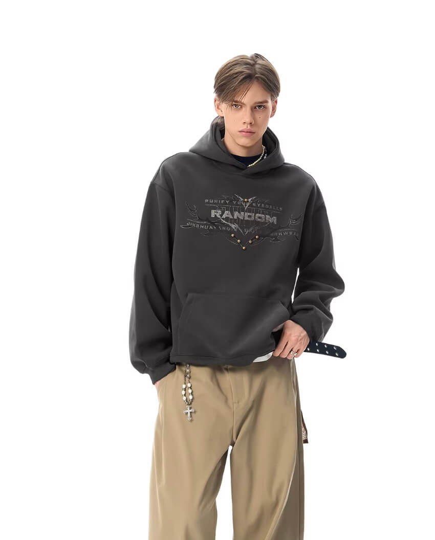 JHYQ RANDOM Letter Print Studded Hoodie