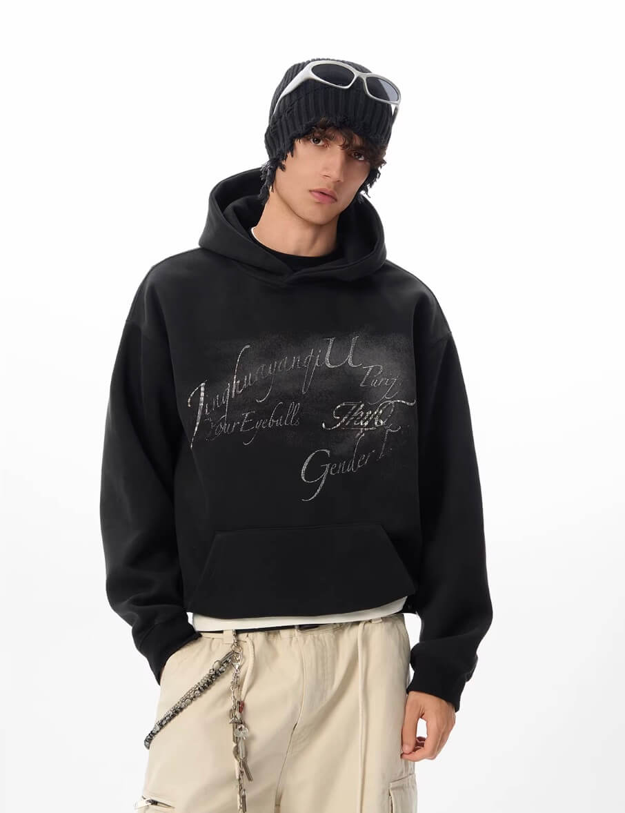 JHYQ Vintage Gradient Lettering Print Hoodie