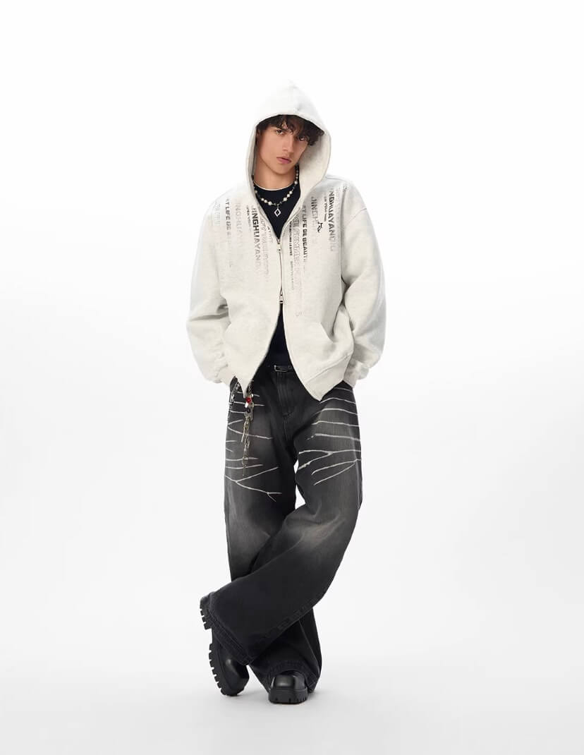 JHYQ Vertical Code Print Double Zipper Hoodie