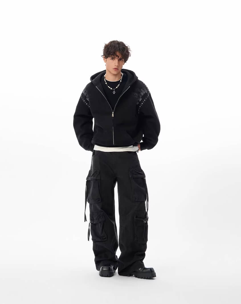 JHYQ Punk Style Studded Double Zipper Hoodie
