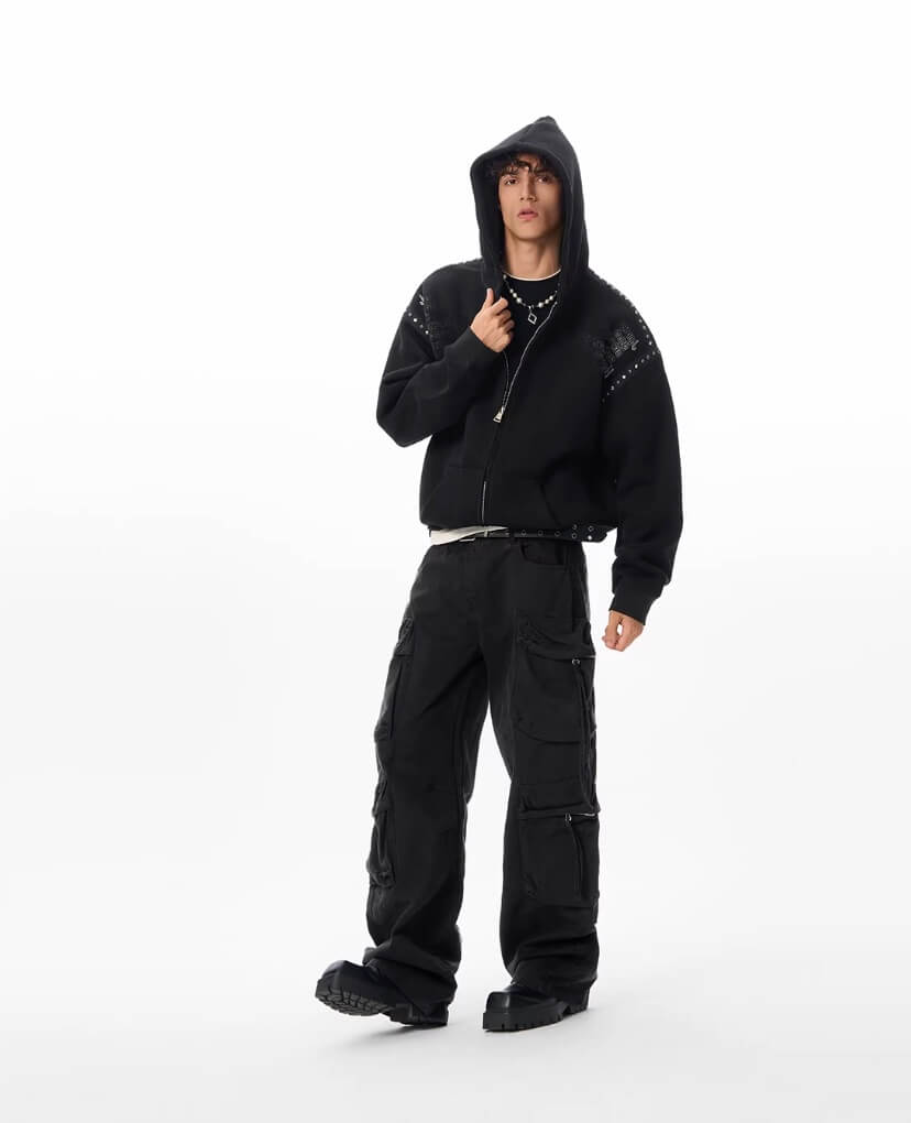 JHYQ Punk Style Studded Double Zipper Hoodie