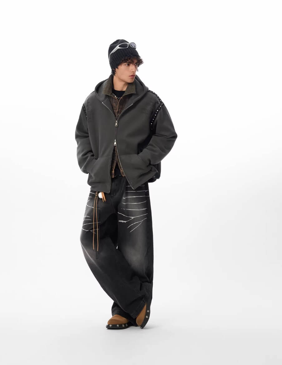 JHYQ Punk Style Studded Double Zipper Hoodie