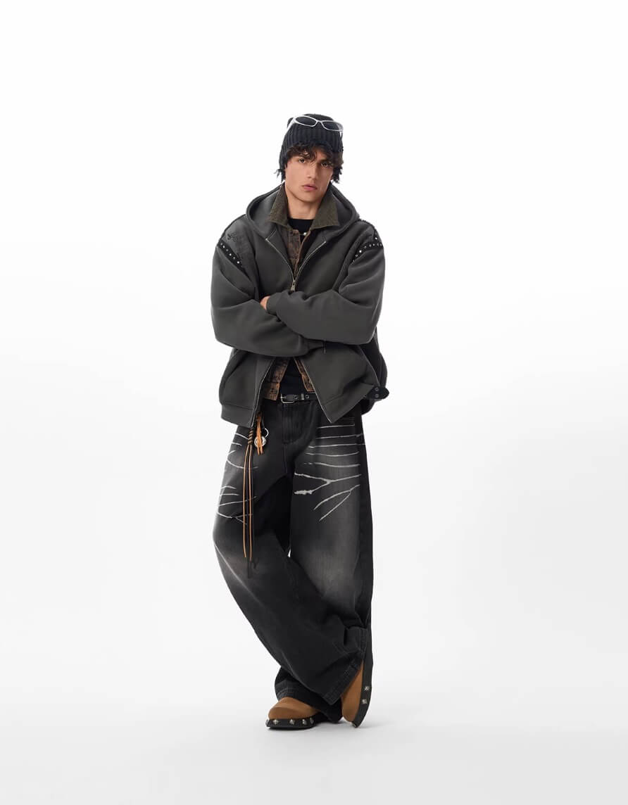 JHYQ Punk Style Studded Double Zipper Hoodie