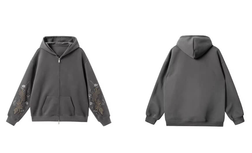 JHYQ Floral Print Studded Double Zipper Hoodie