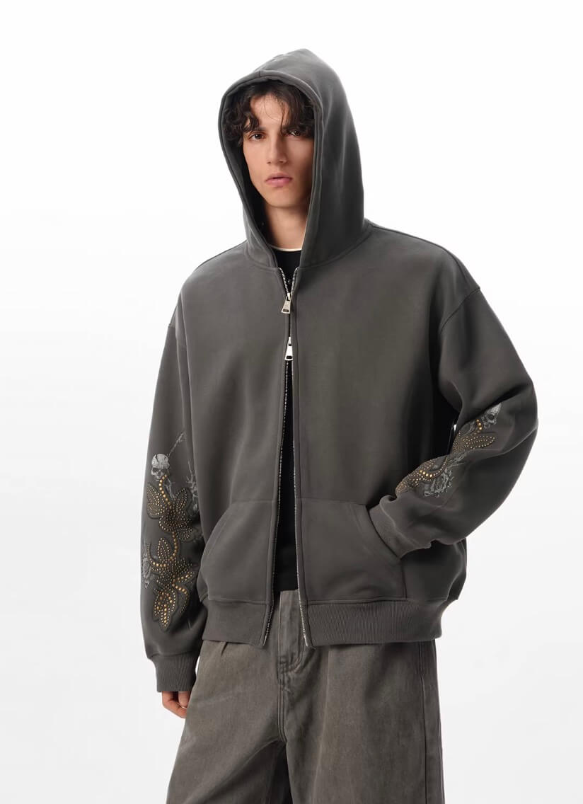 JHYQ Floral Print Studded Double Zipper Hoodie
