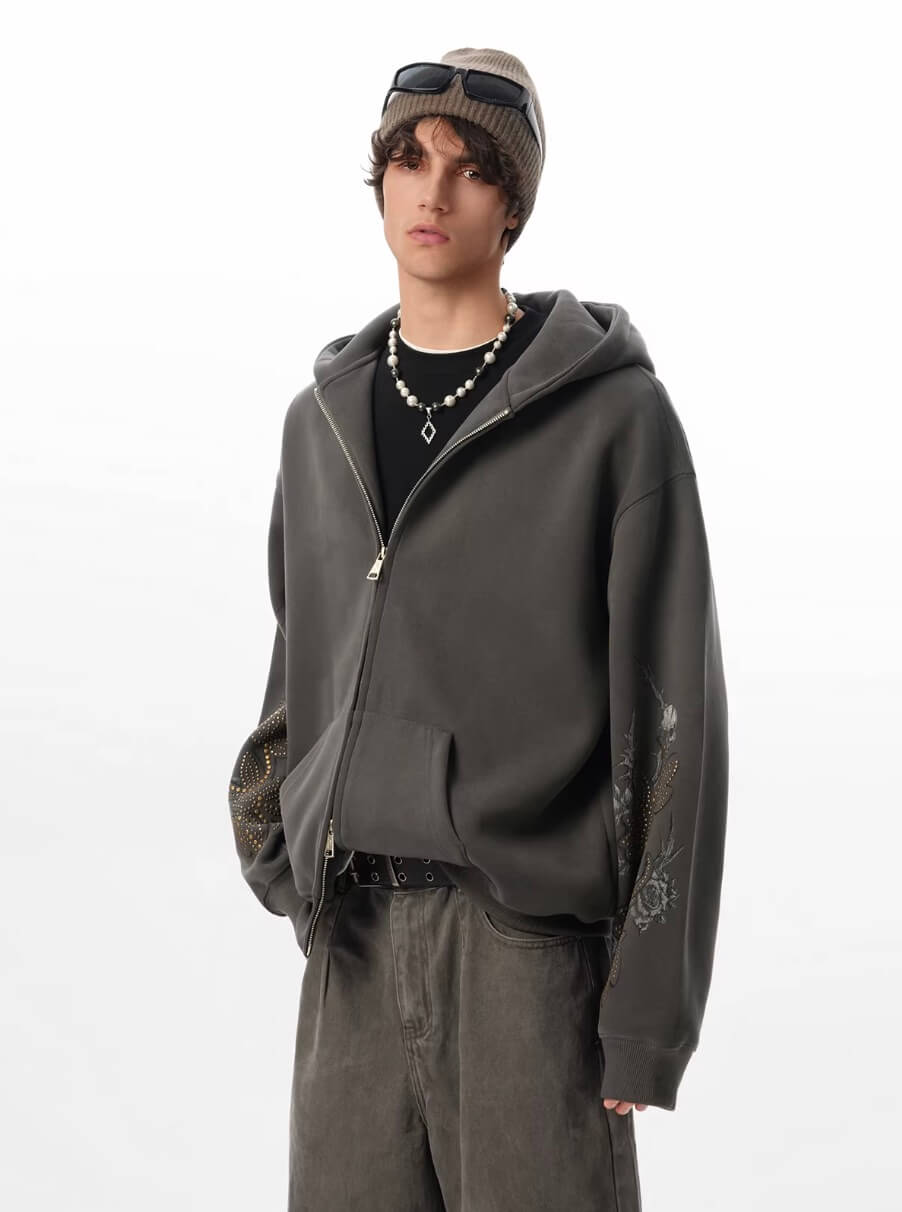JHYQ Floral Print Studded Double Zipper Hoodie