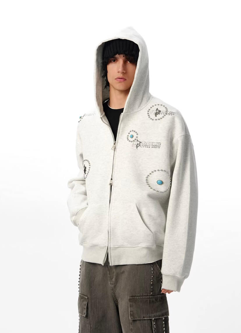 JHYQ Turquoise Accent Metal Logo Studded Circle Double Zipper Hoodie