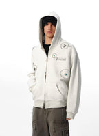 JHYQ Turquoise Accent Metal Logo Studded Circle Double Zipper Hoodie