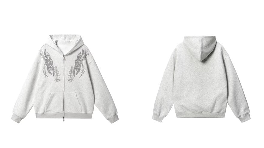 JHYQ Rhinestone Thorn Print Double Zipper Hoodie