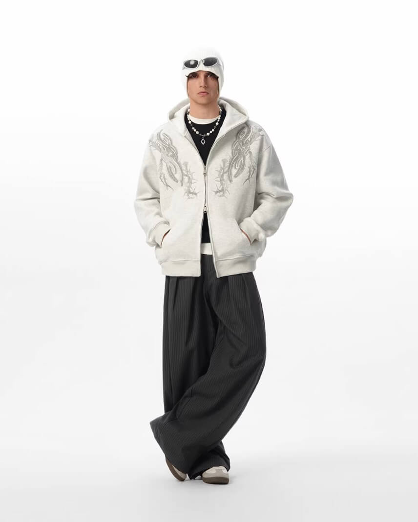 JHYQ Rhinestone Thorn Print Double Zipper Hoodie