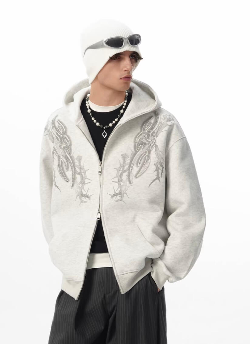JHYQ Rhinestone Thorn Print Double Zipper Hoodie