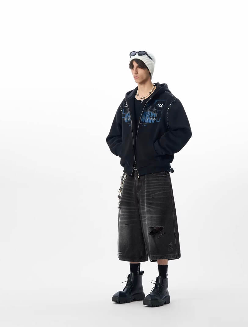 JHYQ Fist Print Rivet Shoulder Detail Cropped Zip Up Hoodie
