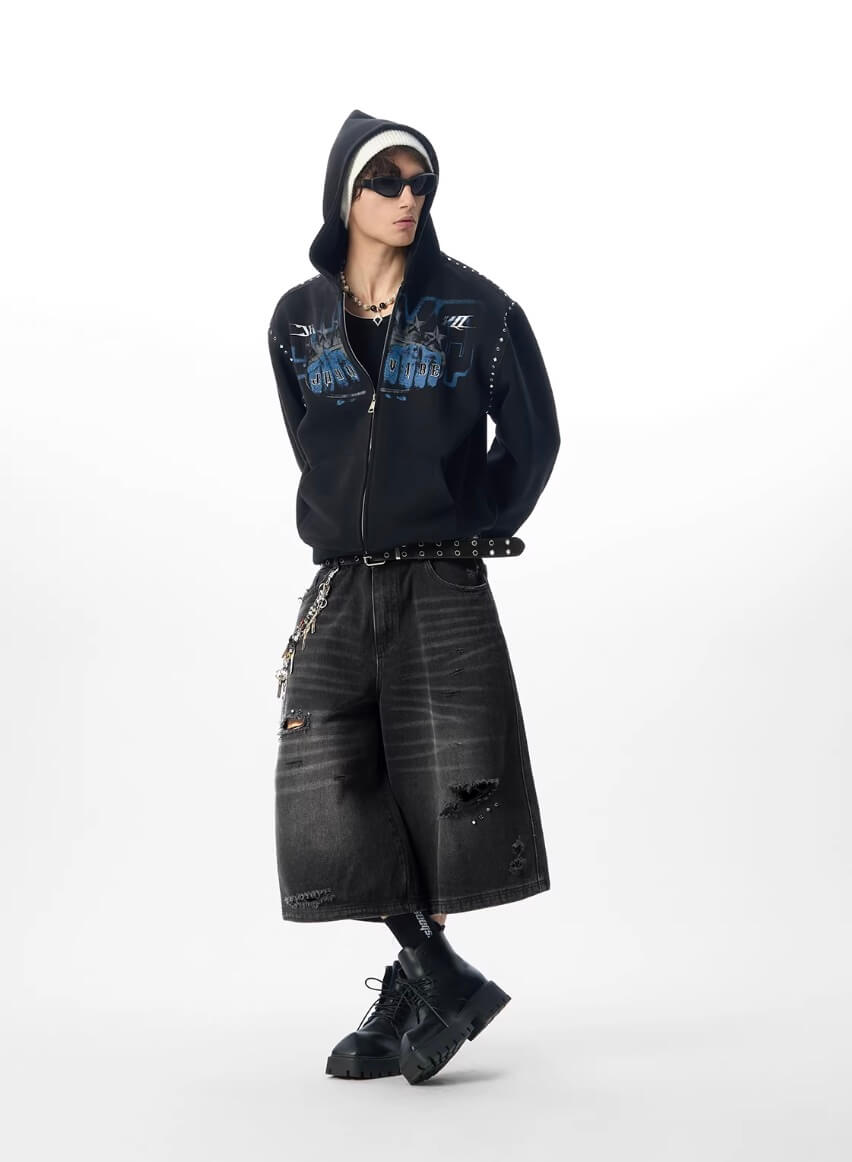 JHYQ Fist Print Rivet Shoulder Detail Cropped Zip Up Hoodie