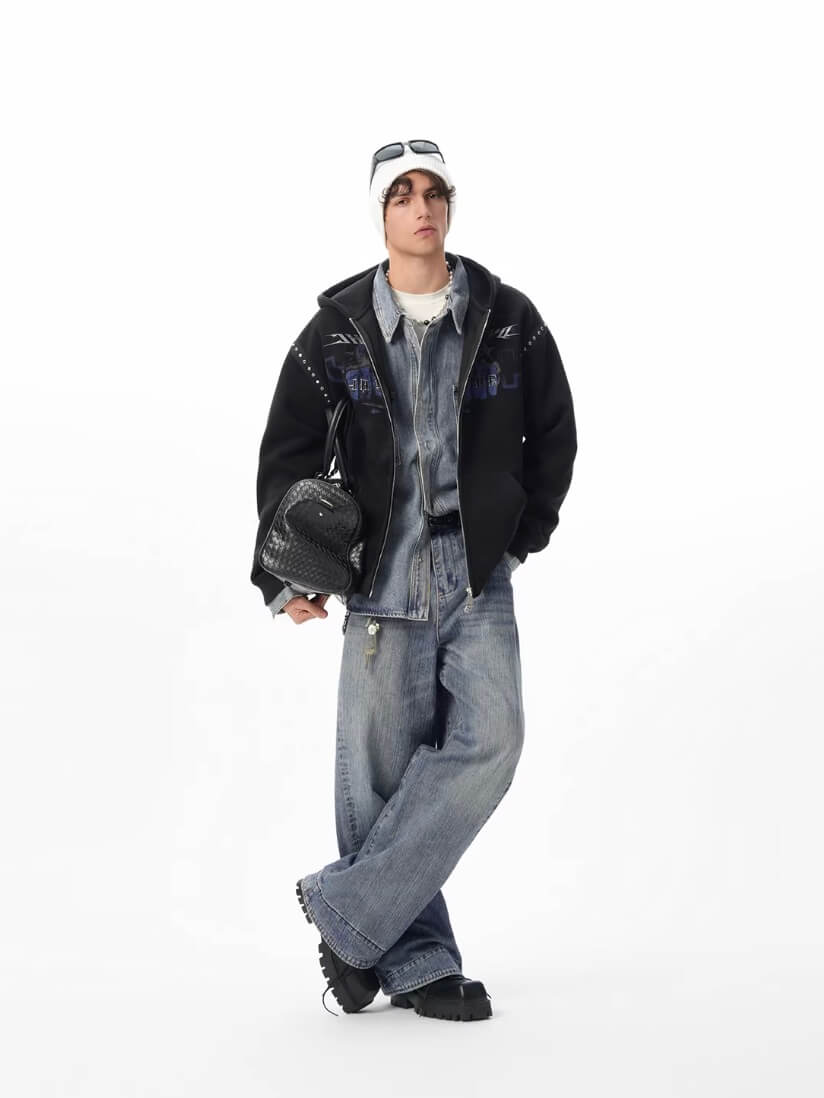 JHYQ Fist Print Rivet Shoulder Detail Cropped Zip Up Hoodie