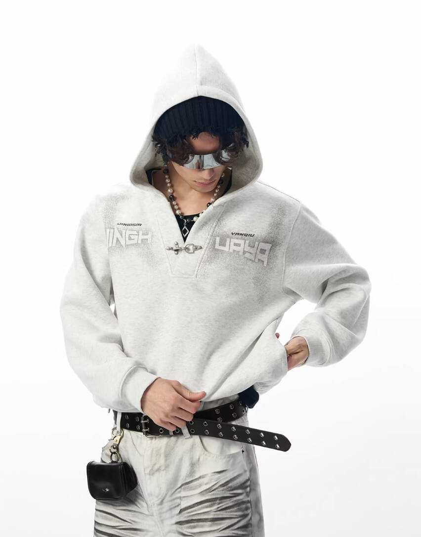 JHYQ Metal Buckle V Neck Cropped Hoodie