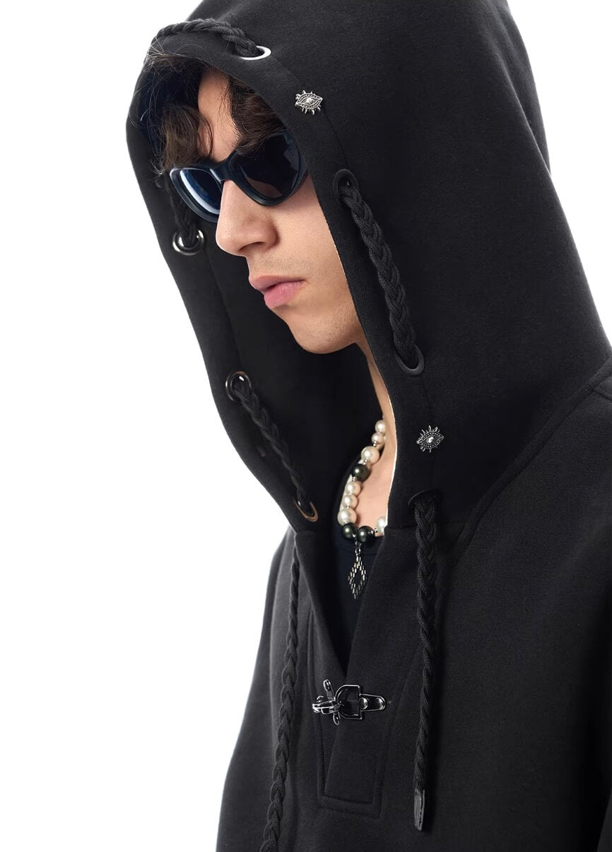 JHYQ Eye Rivet Rope Drawstring V Neck Cropped Hoodie