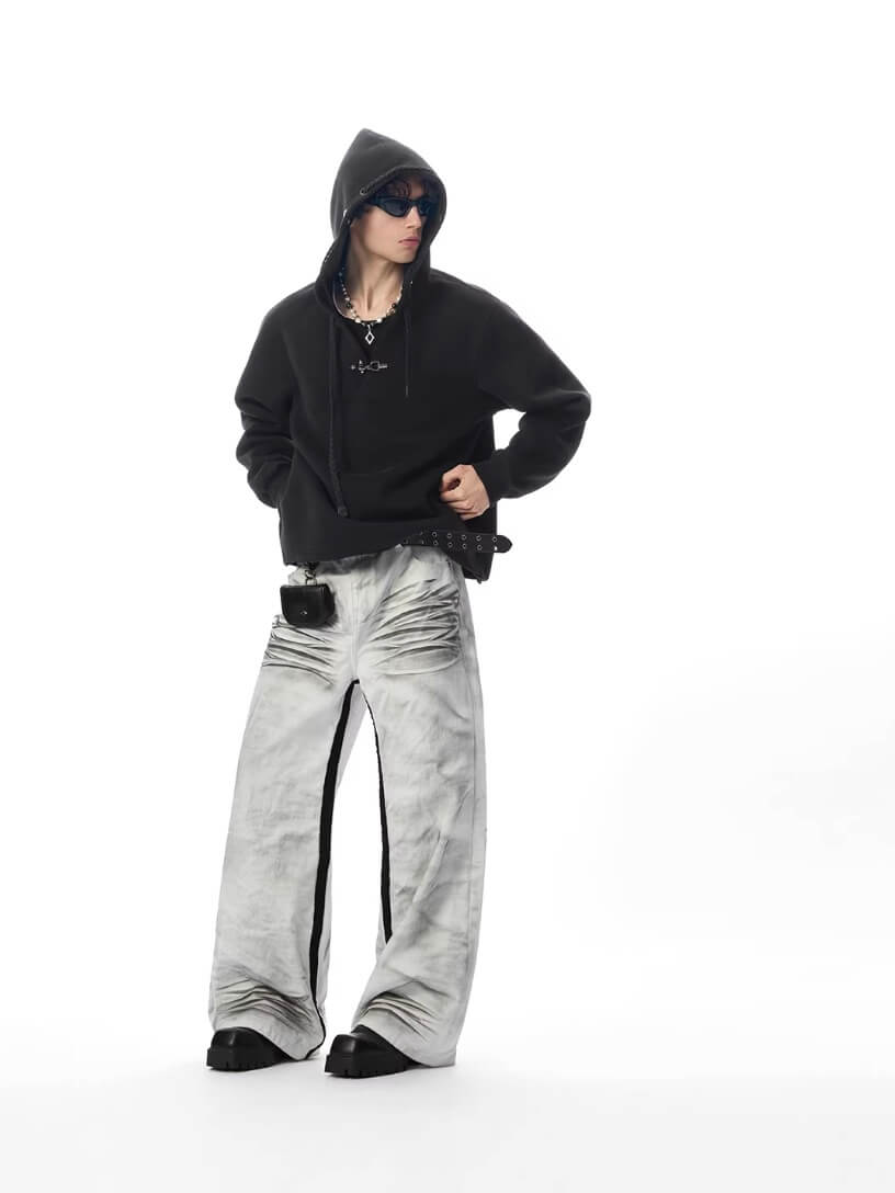 JHYQ Eye Rivet Rope Drawstring V Neck Cropped Hoodie