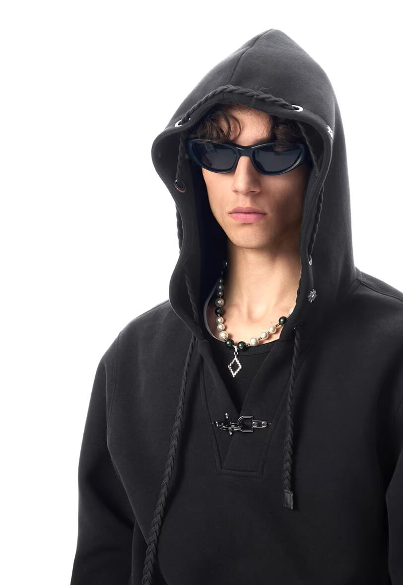 JHYQ Eye Rivet Rope Drawstring V Neck Cropped Hoodie