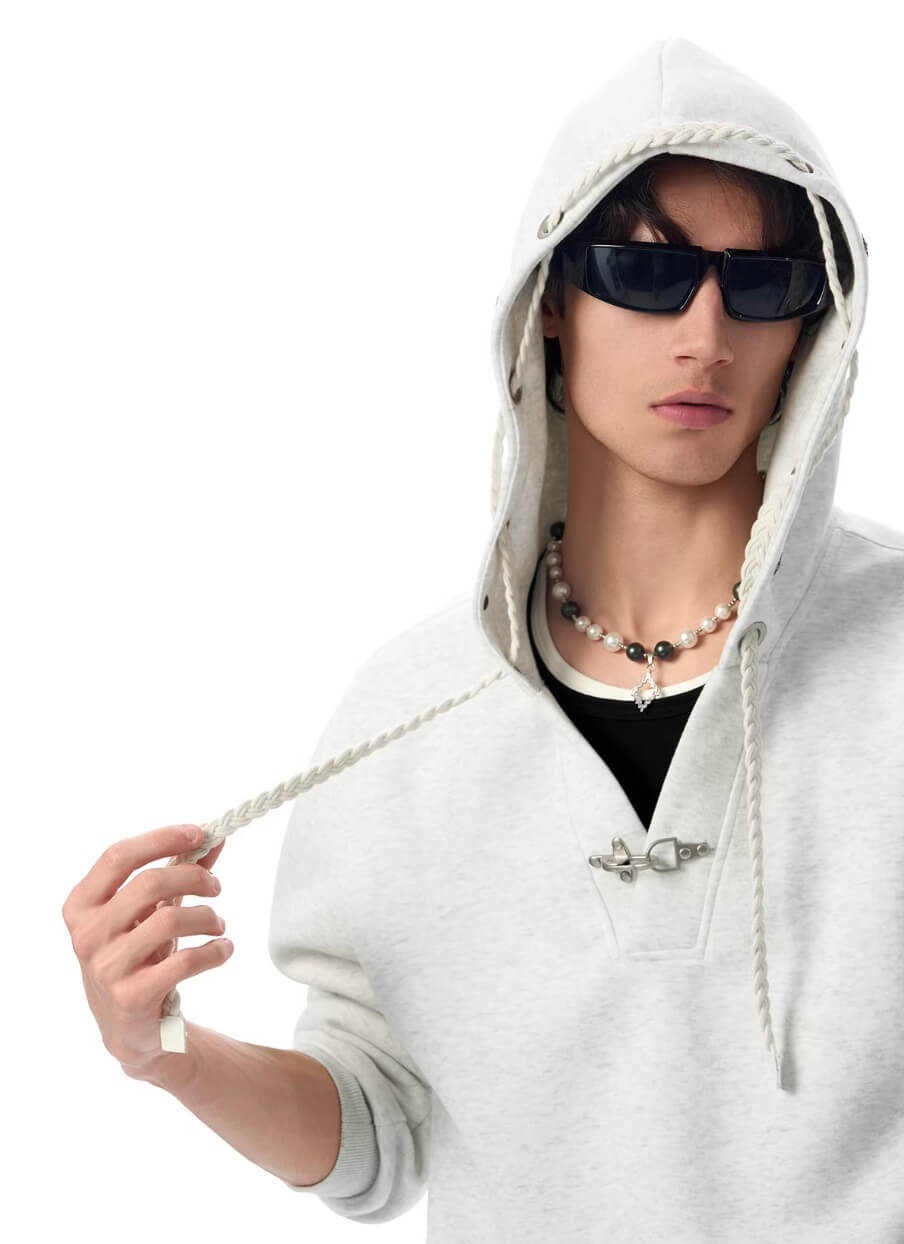 JHYQ Eye Rivet Rope Drawstring V Neck Cropped Hoodie