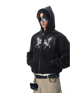 JHYQ Pegasus Print Rivet Hood Cropped Zip Up Hoodie