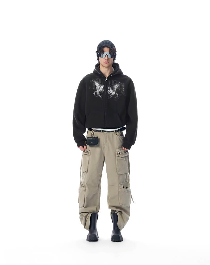 JHYQ Pegasus Print Rivet Hood Cropped Zip Up Hoodie