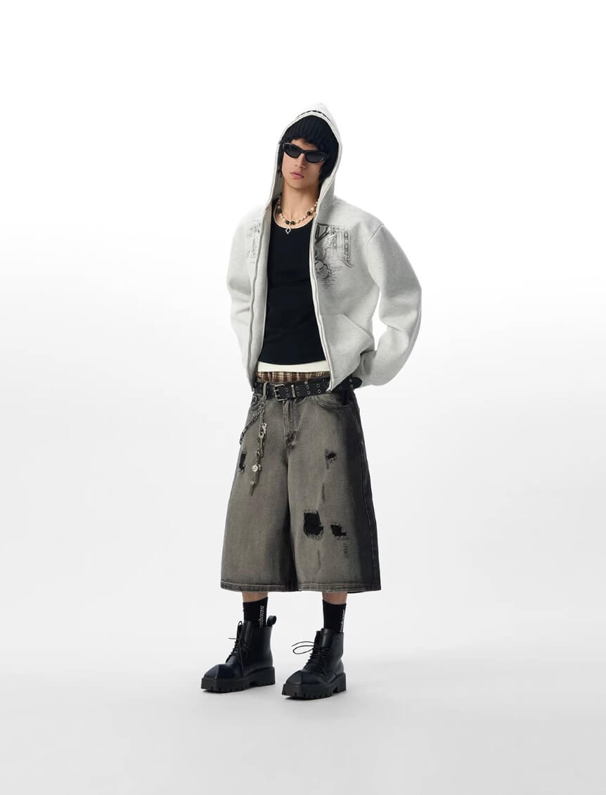 JHYQ Pegasus Print Rivet Hood Cropped Zip Up Hoodie